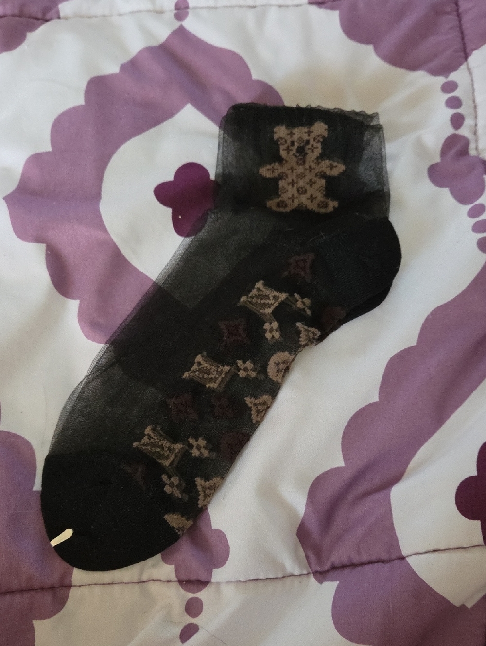 Sheer Black Ankle Socks with Brown Pattern Bear